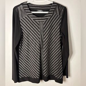 DeVia Black and Gray Diagonal Stripe Long Sleeve Top with Faux Leather Accents